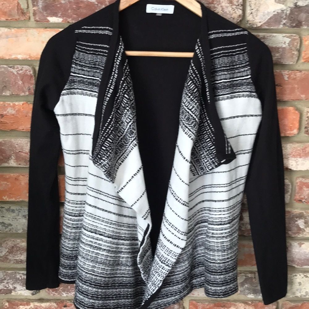 Calvin Klein XS Black and White Striped Flyaway Cardigan Sweater
